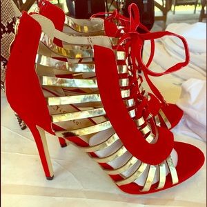 Red And Gold Strappy High Heel